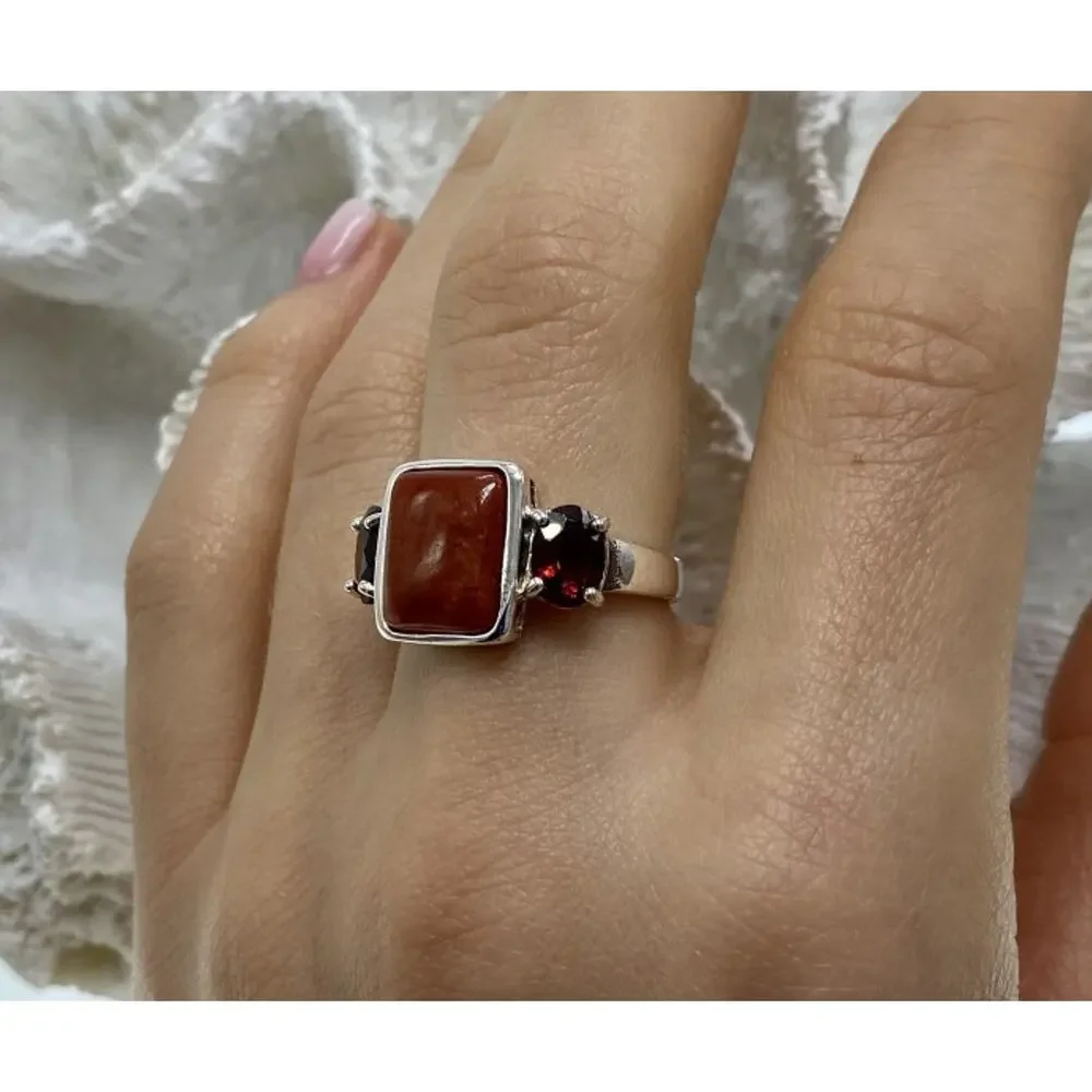 925 Sterling Silver Agate & Garnet Ring Size 9.5